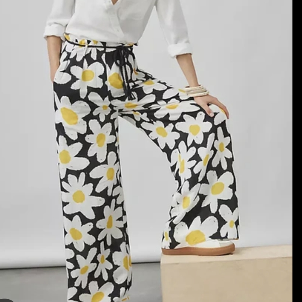 Farm Rio for Anthropologie Daisy Wide leg Linen Blend Pants (NO BELT) Size LARGE